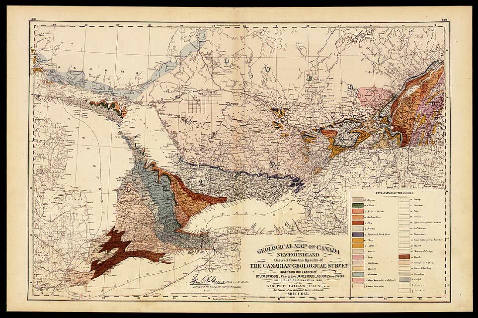This plate gives some idea of the big geological map of Canada produced in 1869, which summarized the first 27 years of work by the Geological Survey of Canada. The 1869 map was the first geological map of the whole country.

