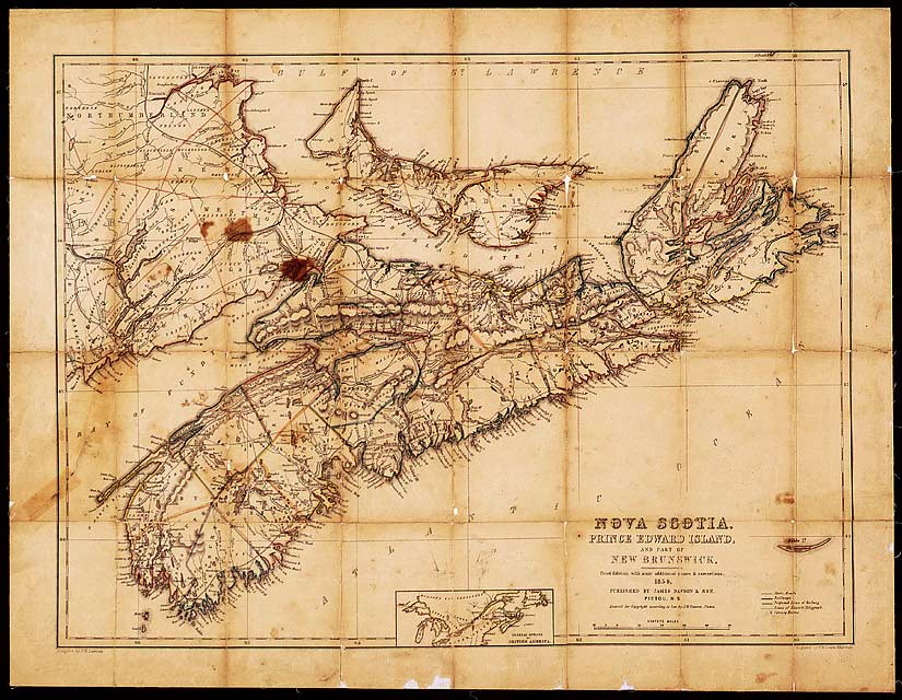 This is the third edition of this map published in Pictou, Nova Scotia, by James Dawson & Son. It was one of the first maps printed in Eastern Canada.

