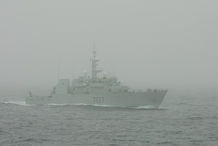The HMCS Goose Bay steams north in Davis Strait along the east coast of Baffin Island during Operation Lancaster. 

