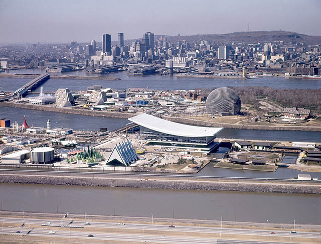 Aerial view of Expo 67 and downtown Montreal.