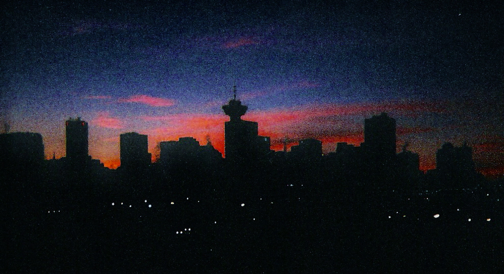 Vancouver skyline at dusk.