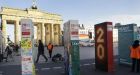 Giant dominoes mark former path of Berlin Wall